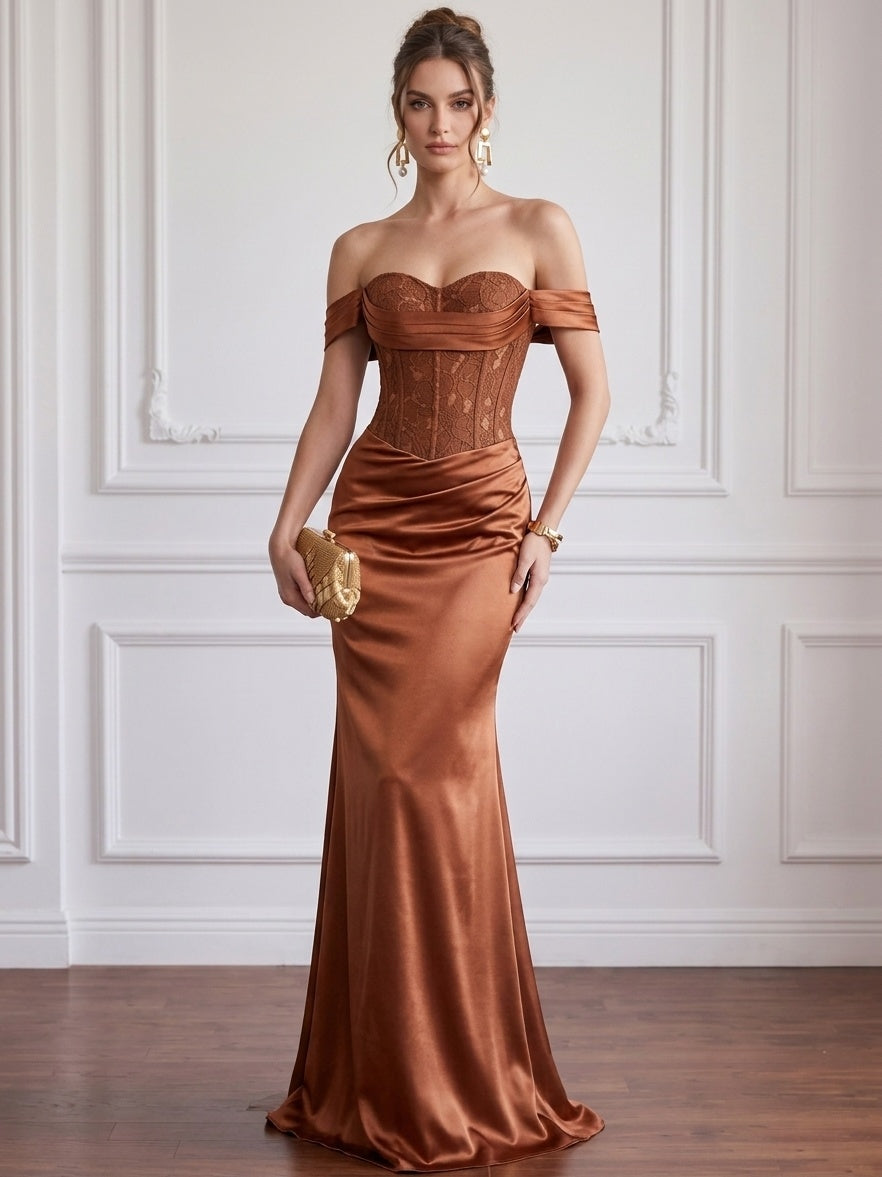 Mermaid Evening Dress Burnt Orange Off The Shoulder Sleeveless Runched Lace Satin Formal Wedding Guest Dress