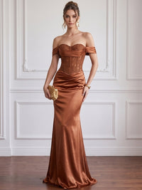 Mermaid Evening Dress Burnt Orange Off The Shoulder Sleeveless Runched Lace Satin Formal Wedding Guest Dress