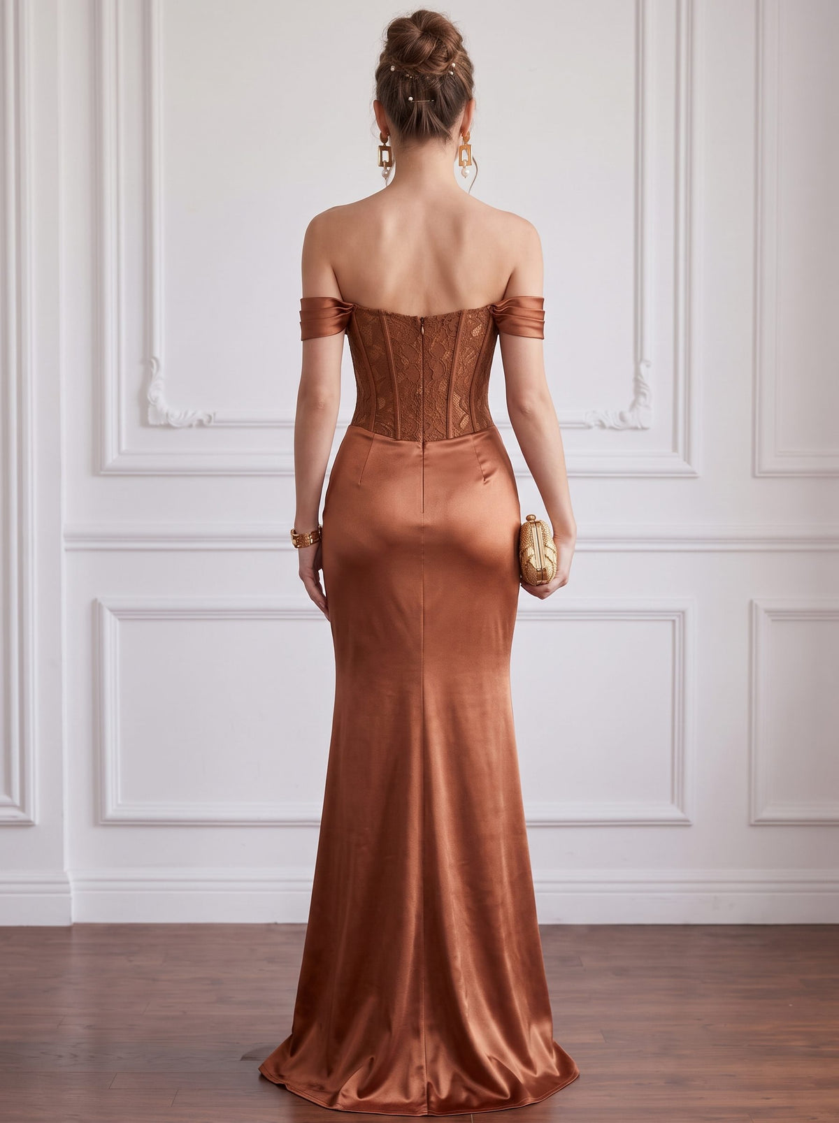Mermaid Evening Dress Burnt Orange Off The Shoulder Sleeveless Runched Lace Satin Formal Wedding Guest Dress