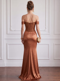 Mermaid Evening Dress Burnt Orange Off The Shoulder Sleeveless Runched Lace Satin Formal Wedding Guest Dress
