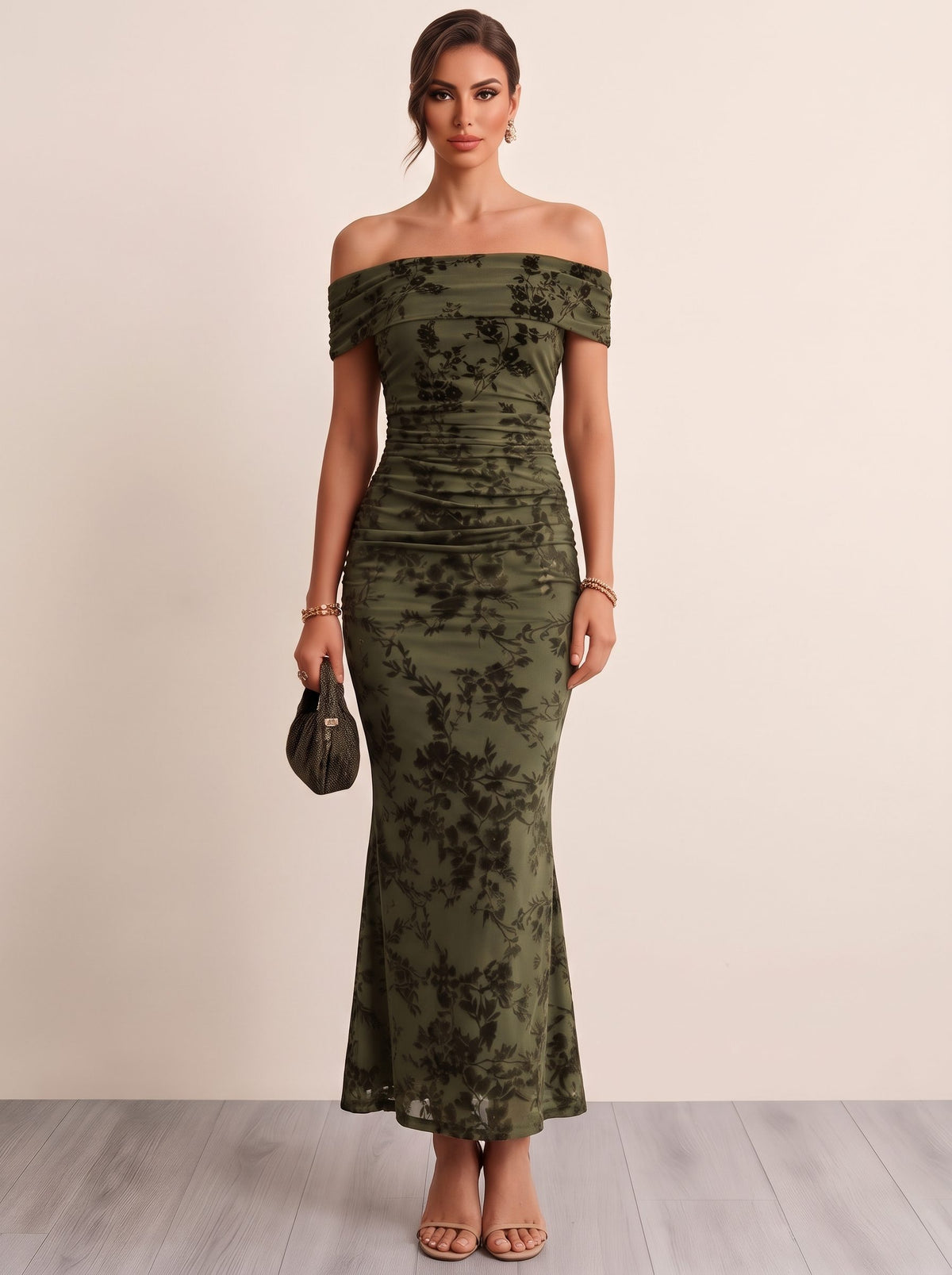Medrmaid Cocktail Dresses Off The Shoulder Ankle Length Stretch Crepe Sleeveless Runched Embroidery Green Formal Wedding Guest Dress