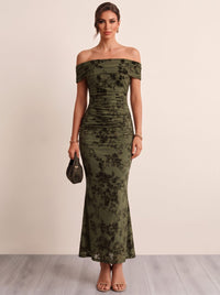 Medrmaid Cocktail Dresses Off The Shoulder Ankle Length Stretch Crepe Sleeveless Runched Embroidery Green Formal Wedding Guest Dress