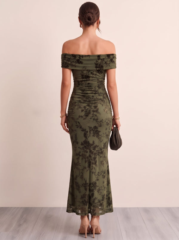 Medrmaid Cocktail Dresses Off The Shoulder Ankle Length Stretch Crepe Sleeveless Runched Embroidery Green Formal Wedding Guest Dress