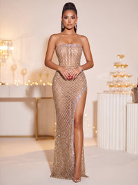 Sheath/Column Party Evening Dresses Sequined Champagne Floor Length Strapless Sparkly With High Slit Rhinestone