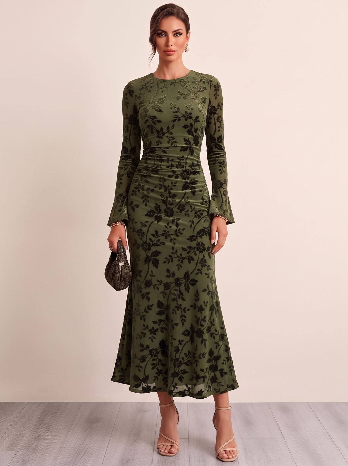 Sheath Cocktail Dresses Boat Neck Long Skeeves Ankle Length Stretch Crepe Runched Embroidery Green Formal Wedding Guest Dress