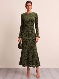Sheath Cocktail Dresses Boat Neck Long Skeeves Ankle Length Stretch Crepe Runched Embroidery Green Formal Wedding Guest Dress