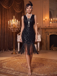 Sheath/Column Party Dresses 1920s Great Gatsby Sequins Scoop Neck Sleeveless Short Mini Zipper With Fringe Embroidery