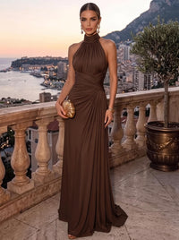 Sheath Evening Formal Dresses Chiffon Halter Neck Runched Sleeveless Floor-Length Brown Formal Wedding Guest Dresses