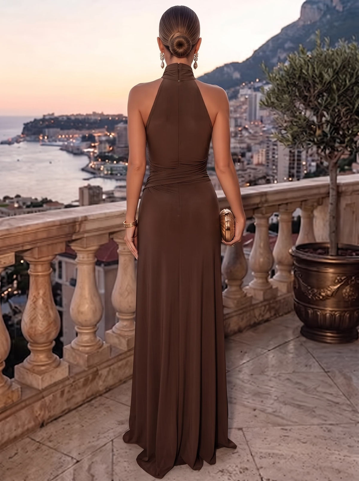 Sheath Evening Formal Dresses Chiffon Halter Neck Runched Sleeveless Floor-Length Brown Formal Wedding Guest Dresses