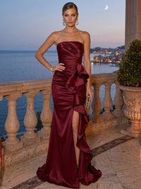 Mermaid Evening Dress Taffeta Strapless Sleeveless Floor-Length Burgundy Runched With High Slit Ruffles