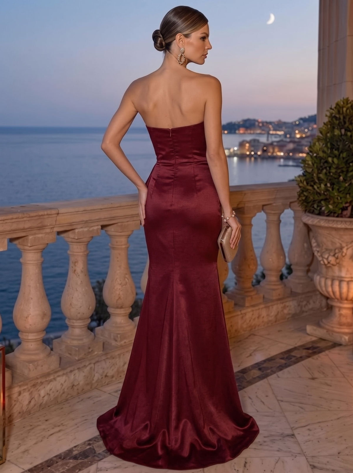 Mermaid Evening Dress Taffeta Strapless Sleeveless Floor-Length Burgundy Runched With High Slit Ruffles