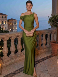 Sheath Evening Dresses One Shoulder Olive Green Sleveeless Floor-Length Wedding Guest Dresses Maxi Dresses With Slit