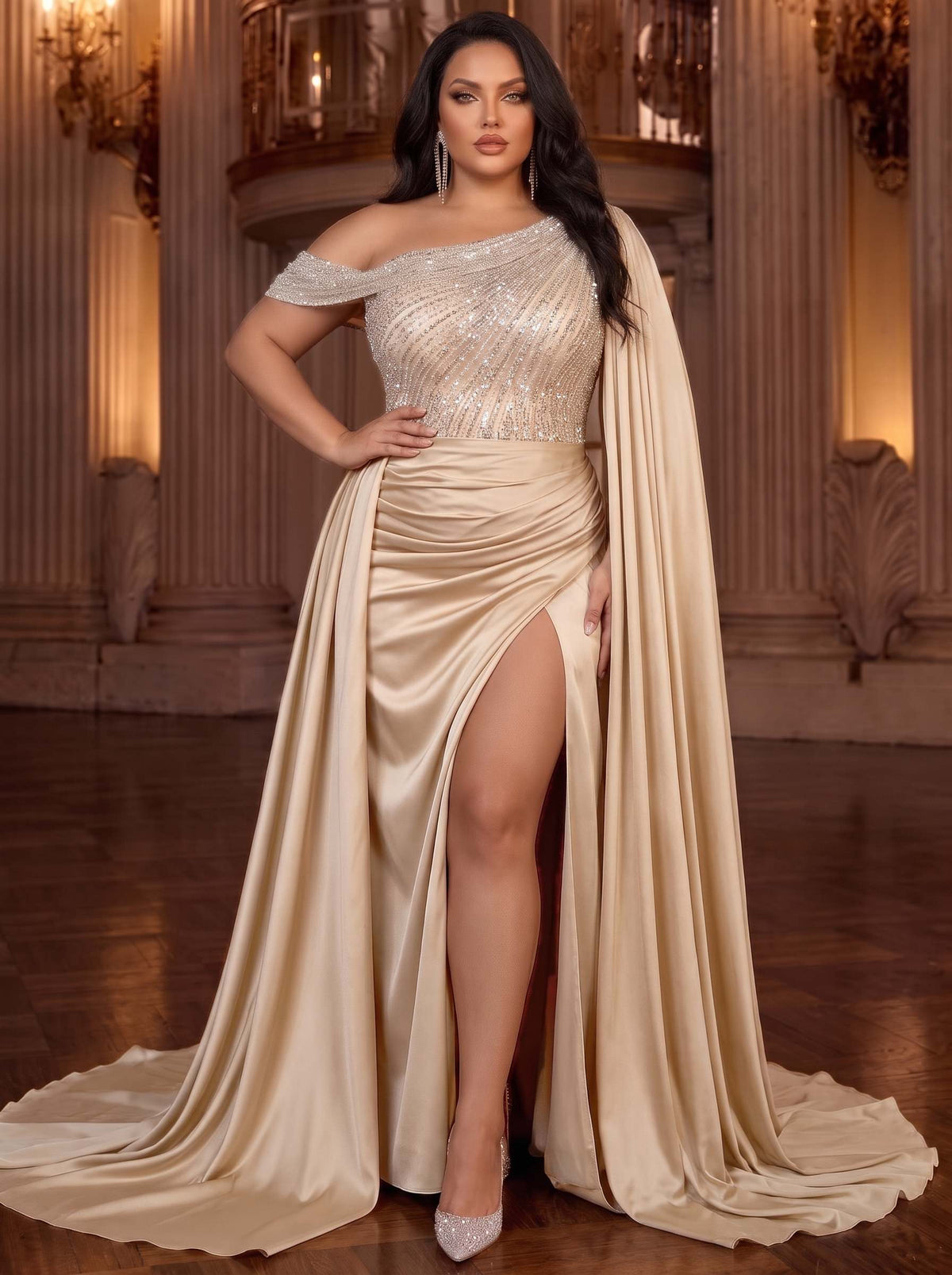 Sheath/Column Evening Plus Size Dresses Champagne Satin Sequins Rhinestone Runched One Shoulder Formal Wedding Floor Length Sparkly Party Dress With Side Drape Slit