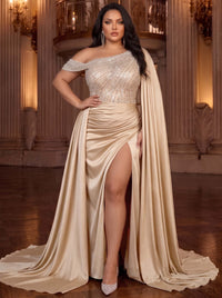 Sheath/Column Evening Plus Size Dresses Champagne Satin Sequins Rhinestone Runched One Shoulder Formal Wedding Floor Length Sparkly Party Dress With Side Drape Slit