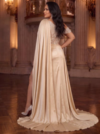 Sheath/Column Evening Plus Size Dresses Champagne Satin Sequins Rhinestone Runched One Shoulder Formal Wedding Floor Length Sparkly Party Dress With Side Drape Slit