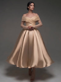 A-Line Cocktail Dress Satin Off-The-Shoulder Runched Tulle Long Sleeves Ankle Length Champagne Formal Wedding Guest Dress