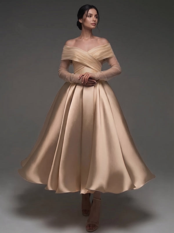 A-Line Cocktail Dress Satin Off-The-Shoulder Runched Tulle Long Sleeves Ankle Length Champagne Formal Wedding Guest Dress