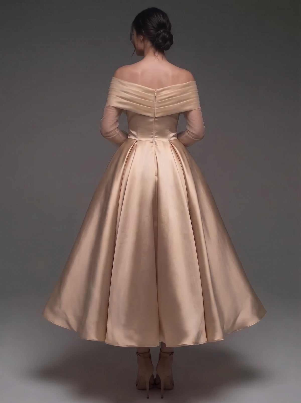 A-Line Cocktail Dress Satin Off-The-Shoulder Runched Tulle Long Sleeves Ankle Length Champagne Formal Wedding Guest Dress