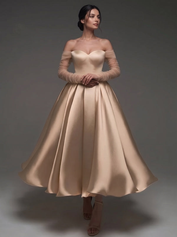 A-Line Cocktail Dress Satin Off-The-Shoulder Elegant Tulle Long Sleeves Ankle Length Champagne Formal Wedding Guest Dress