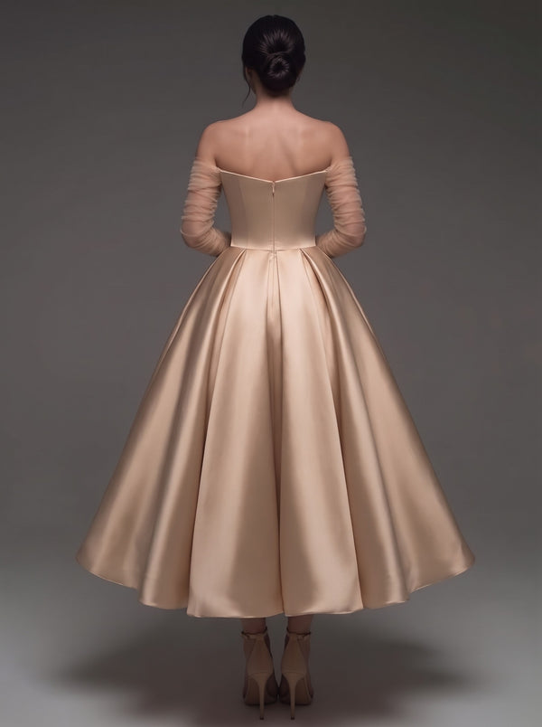 A-Line Cocktail Dress Satin Off-The-Shoulder Elegant Tulle Long Sleeves Ankle Length Champagne Formal Wedding Guest Dress