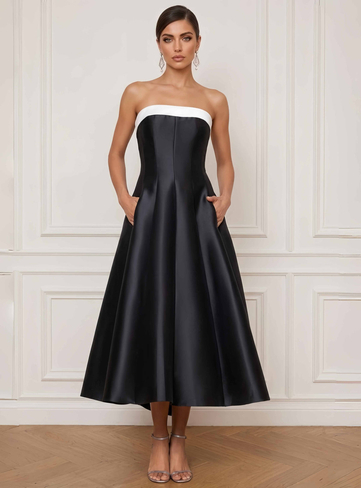 A-Line Cocktail Dress Strapless Black Colorblock Sleeveless Ankle-Length Satin Formal Wedding Guest Dress