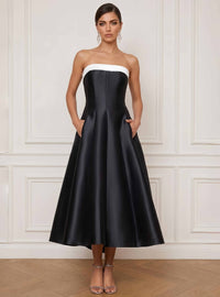 A-Line Cocktail Dress Strapless Black Colorblock Sleeveless Ankle-Length Satin Formal Wedding Guest Dress