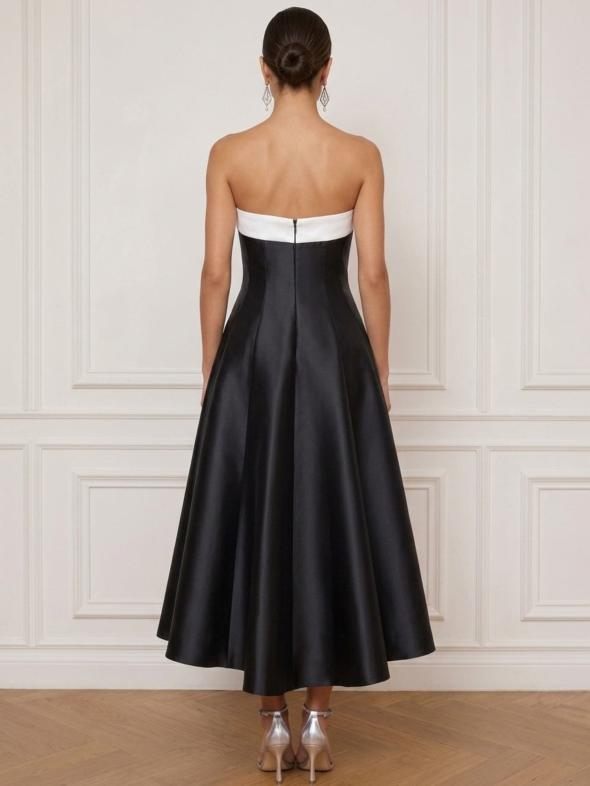 A-Line Cocktail Dress Strapless Black Colorblock Sleeveless Ankle-Length Satin Formal Wedding Guest Dress