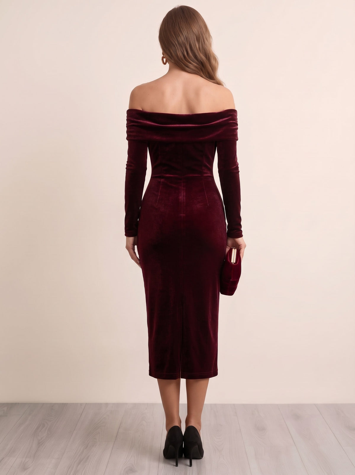 Sheath Velvet Cocktail Dresses Ankle Length Off The Shoulder Burgundy Long Sleeves Runched Elegant Formal Wedding Guest Dress