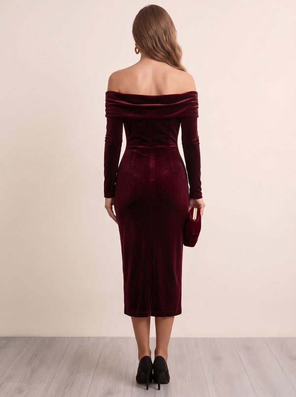 Sheath Velvet Cocktail Dresses Ankle Length Off The Shoulder Burgundy Long Sleeves Runched Elegant Formal Wedding Guest Dress