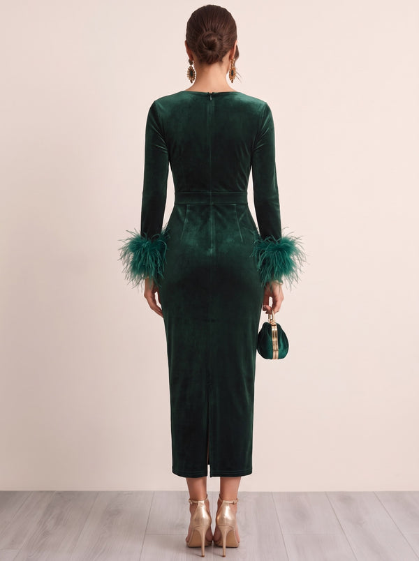 Sheath Velvet Cocktail Dresses Ankle Length V Neck Long Sleeves Runched Dark Green Formal Wedding Guest Dress With Feather Fur