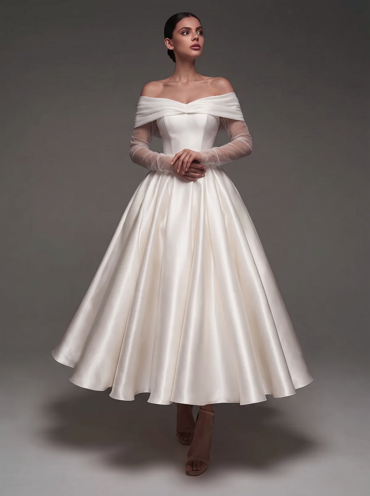 A-Line Cocktail Dress Satin Off-The-Shoulder Tulle Long Sleeves Ankle Length Ivory Formal Wedding Guest Dress