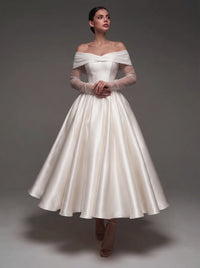 A-Line Cocktail Dress Satin Off-The-Shoulder Tulle Long Sleeves Ankle Length Ivory Formal Wedding Guest Dress
