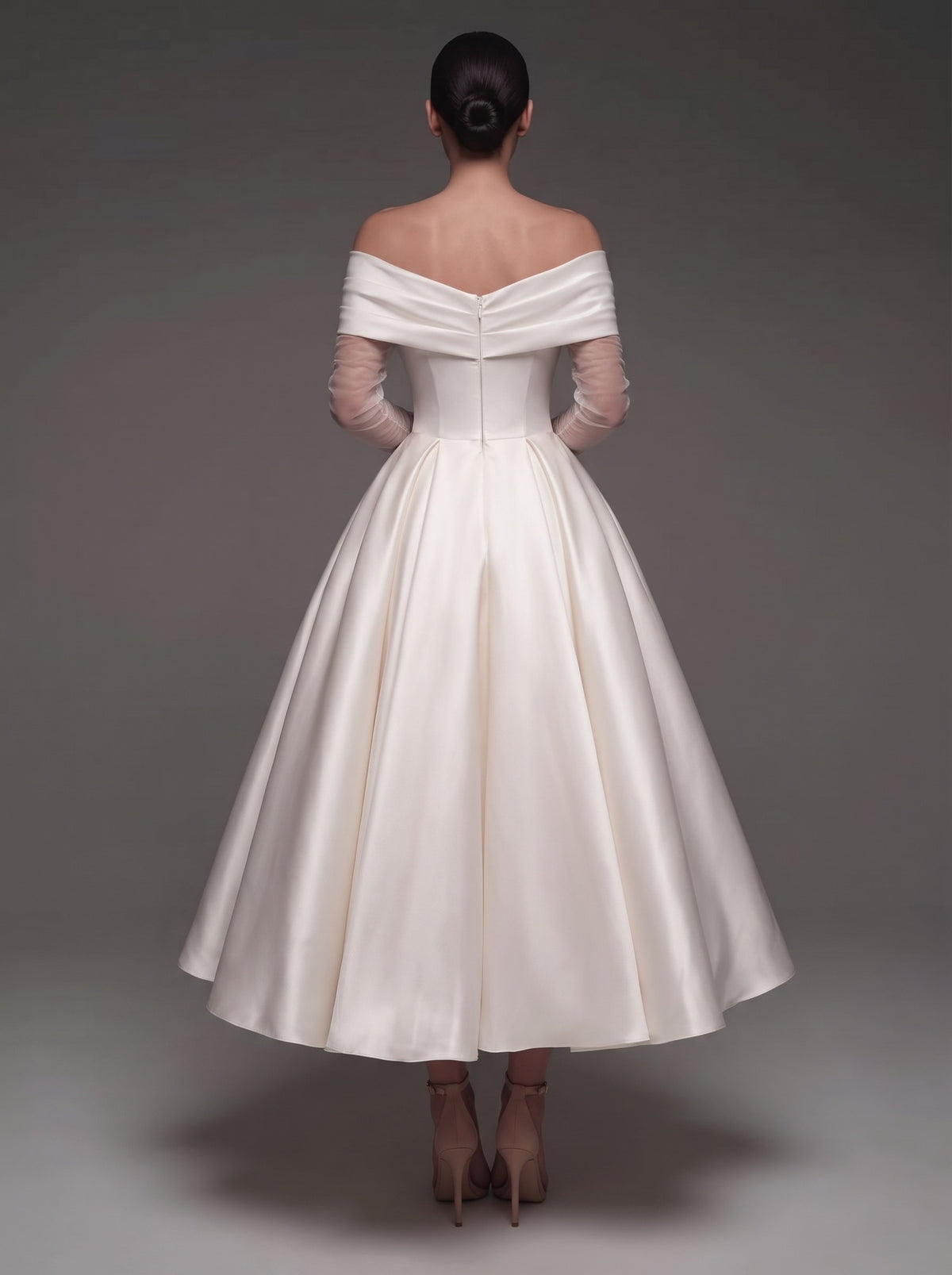 A-Line Cocktail Dress Satin Off-The-Shoulder Tulle Long Sleeves Ankle Length Ivory Formal Wedding Guest Dress