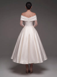 A-Line Cocktail Dress Satin Off-The-Shoulder Tulle Long Sleeves Ankle Length Ivory Formal Wedding Guest Dress