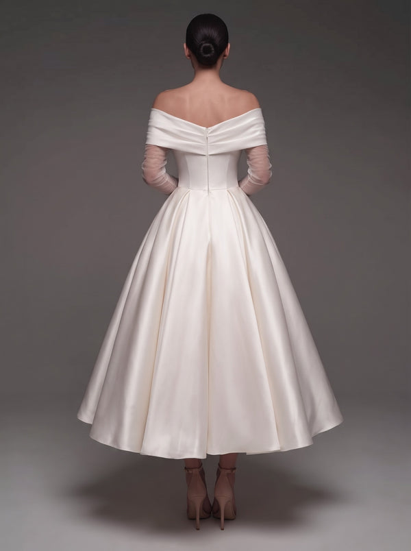 A-Line Cocktail Dress Satin Off-The-Shoulder Tulle Long Sleeves Ankle Length Ivory Formal Wedding Guest Dress