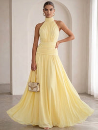 A Line/Princesses Formal Dresses Halter Neck Yellow Draped Runched Sleeveless Floor Length Black Wedding Guest Dress With Back Bow