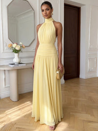 A Line/Princesses Formal Dresses Halter Neck Yellow Draped Runched Sleeveless Floor Length Black Wedding Guest Dress With Back Bow