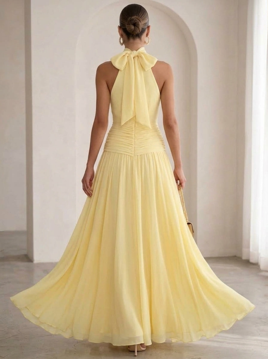 A Line/Princesses Formal Dresses Halter Neck Yellow Draped Runched Sleeveless Floor Length Black Wedding Guest Dress With Back Bow
