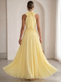 A Line/Princesses Formal Dresses Halter Neck Yellow Draped Runched Sleeveless Floor Length Black Wedding Guest Dress With Back Bow