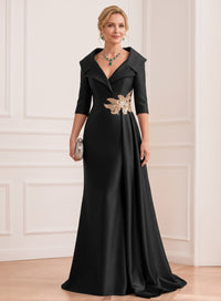 A-Line Mother Of The Bride Dresses Elegant Satin V Neck Black 3/4 Sleeves Floor Length Wedding Guest Dress With Applique Side Drape