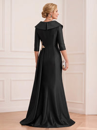 A-Line Mother Of The Bride Dresses Elegant Satin V Neck Black 3/4 Sleeves Floor Length Wedding Guest Dress With Applique Side Drape