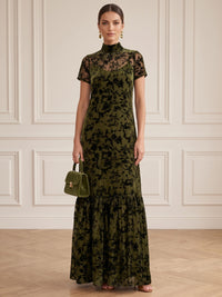 A-Line Velvet Formal Dress Floor Length Tulle High Neck Short Sleeve Fall Wedding Guest Dress