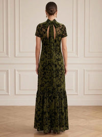 A-Line Velvet Formal Dress Floor Length Tulle High Neck Short Sleeve Fall Wedding Guest Dress