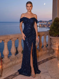 A-Line Evening Dresses Sequins Off The Shoulder Floor Length Sleeveless Navy Blue Sparkly Formal Party Wedding Guest Dress