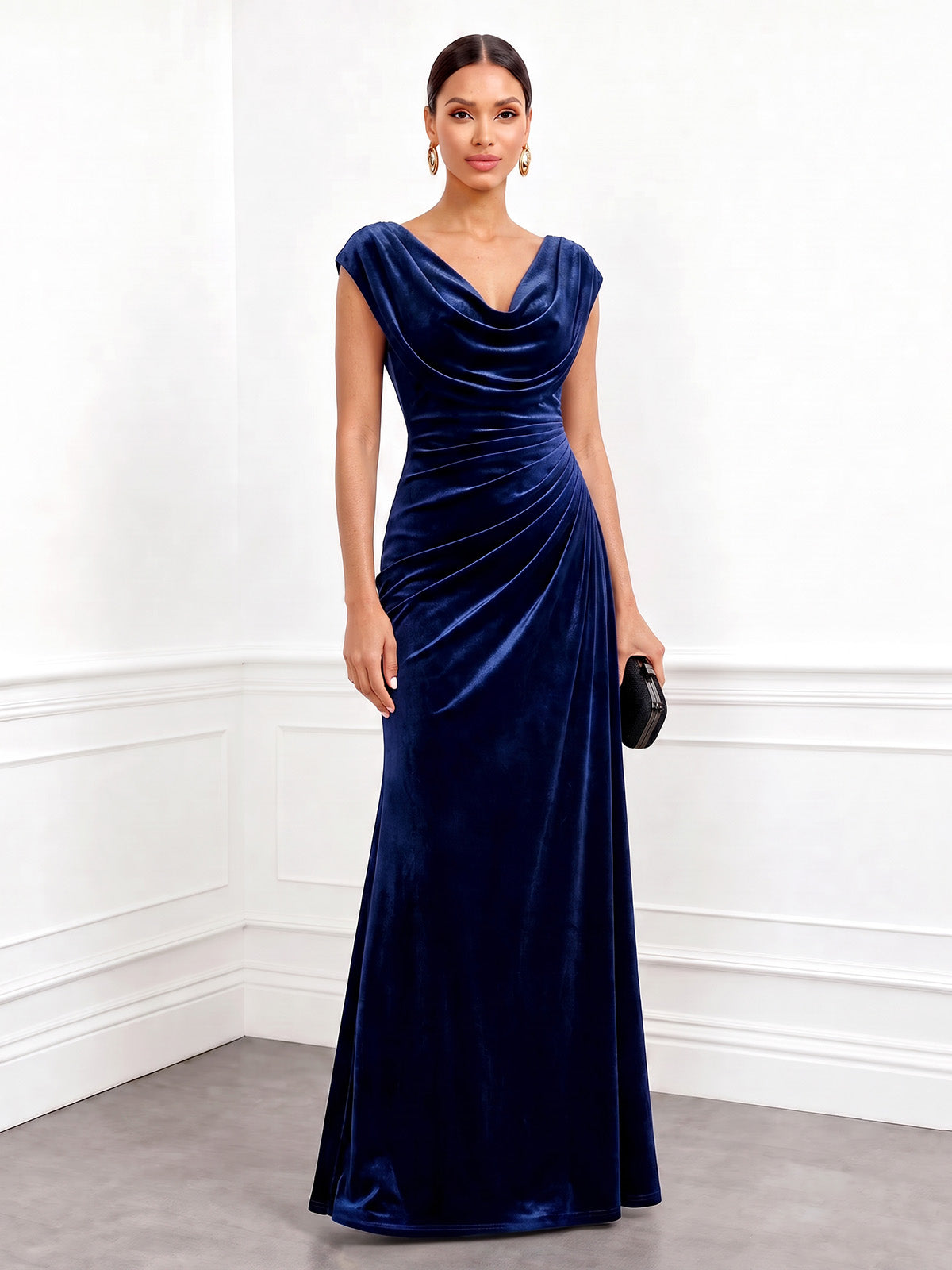 A-Line Velvet Evening Gown Floor Length Lace Draped Cowl Neck Sleeveless Royal Blue Elegant Formal Wedding Guest Dress