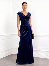 A-Line Velvet Evening Gown Floor Length Lace Draped Cowl Neck Sleeveless Royal Blue Elegant Formal Wedding Guest Dress