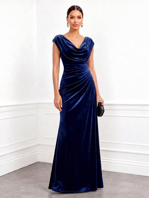 A-Line Velvet Evening Gown Floor Length Lace Draped Cowl Neck Sleeveless Royal Blue Elegant Formal Wedding Guest Dress