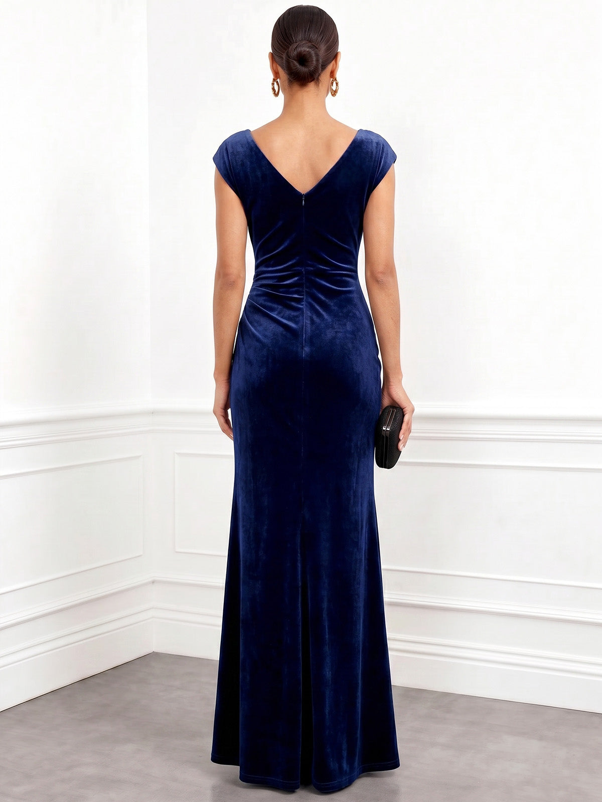A-Line Velvet Evening Gown Floor Length Lace Draped Cowl Neck Sleeveless Royal Blue Elegant Formal Wedding Guest Dress