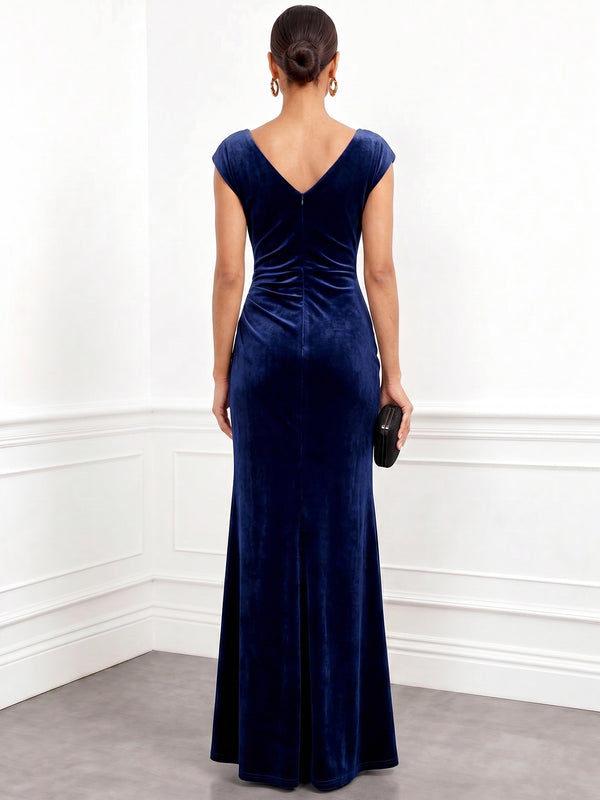 A-Line Velvet Evening Gown Floor Length Lace Draped Cowl Neck Sleeveless Royal Blue Elegant Formal Wedding Guest Dress