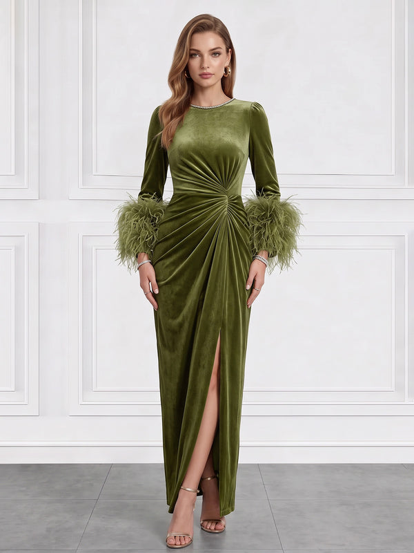 Sheath Velvet Evening Gown Floor Length Boat Neck Runched Long Sleeves Olive Green Elegant Formal Wedding Guest Dress With High Slit Feather Fur